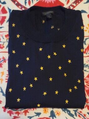 J. Crew Navy Knit Cozy Crewneck Sweater with Gold Star Embroidery